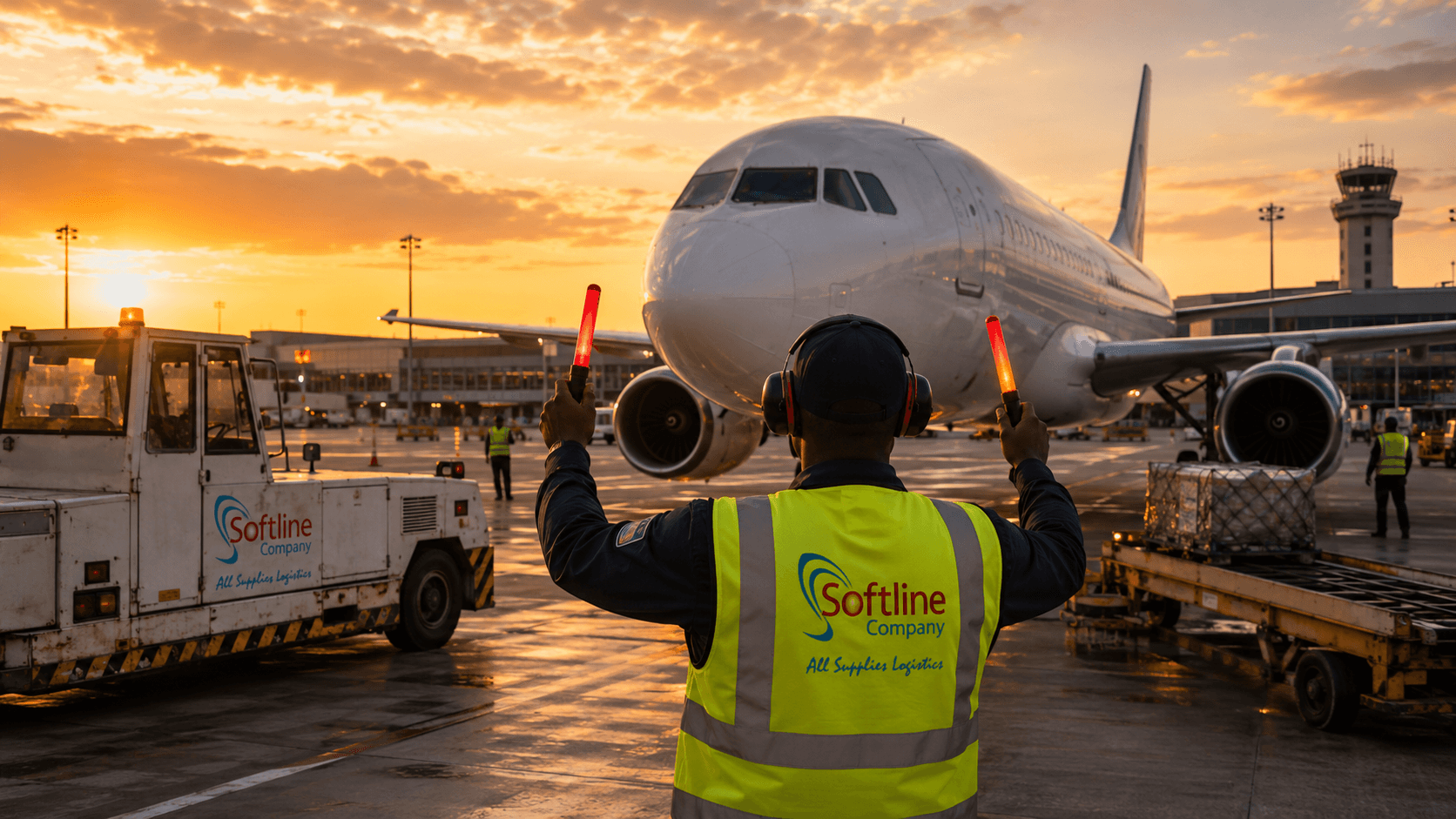 Assistance au sol près d'un avion cargo